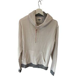 Old Navy Waffle Knit Hoodie Beige Gray Pullover Thermal Kangaroo Pocket Large
